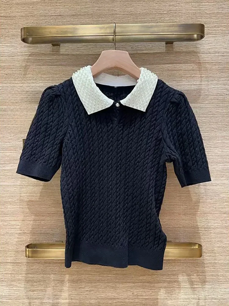 Heavyweight Pearl Collar Removable Short Sleeve Knitted Top Vertical Ribbing Casual Style Cotton Wool Blend Women's Knitwear
Heavyweight Pearl Collar Removable Short Sleeve Knitted Top Vertical Ribbing Casual Style Cotton Wool Blend Women's Knitwear