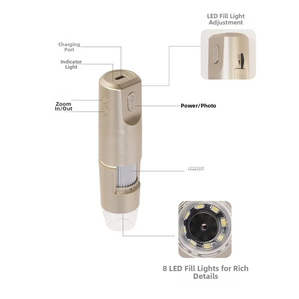 Портативный цифровой микроскоп Wi-Fi мощностью 800 Вт с 8 светодиодами и регулируемым увеличением от 50 до 1000x для использования на коже
Портативный цифровой микроскоп Wi-Fi мощностью 800 Вт с 8 светодиодами и регулируемым увеличением от 50 до 1000x для использования на коже
