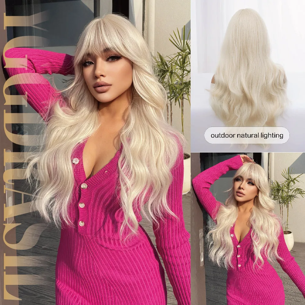 28Inch Glamorous Style Blonde Synthetic Wigs With Bangs Long Natural Wavy Hair Wig For Women Daily Use Cosplay Heat Resistant
28Inch Glamorous Style Blonde Synthetic Wigs With Bangs Long Natural Wavy Hair Wig For Women Daily Use Cosplay Heat Resistant