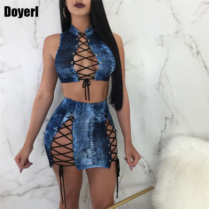 Sexy Lace up Two Piece Sets Women Bodycon Dresses Summer Sleeveless Hollow Out Jeans Crop Top and Skirt Set Party Club Outfit
Sexy Lace up Two Piece Sets Women Bodycon Dresses Summer Sleeveless Hollow Out Jeans Crop Top and Skirt Set Party Club Outfit