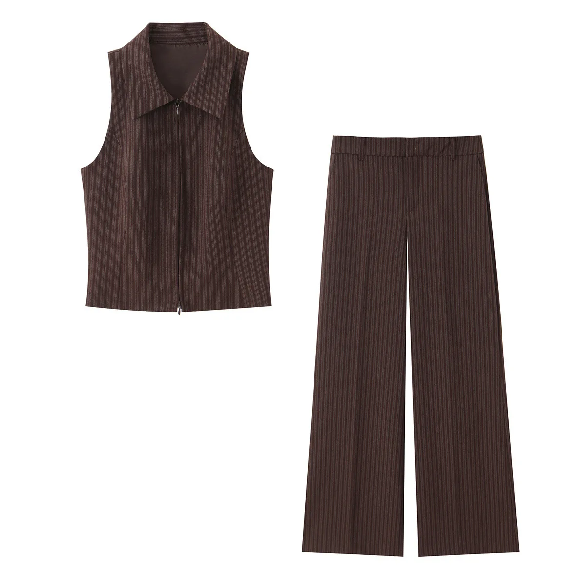 2026 new women's fashion flip collar sleeveless double zipper decoration striped vest long low waisted bell bottom pants
2026 new women's fashion flip collar sleeveless double zipper decoration striped vest long low waisted bell bottom pants