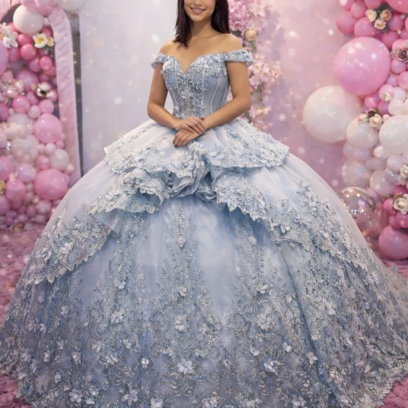 Sky Blue Shiny Ball Gown Quinceanera Dresses 2026 Applique Flower Beading Crystal Tull Corset Off Shoulder Sweet 16 Dress Years
Sky Blue Shiny Ball Gown Quinceanera Dresses 2026 Applique Flower Beading Crystal Tull Corset Off Shoulder Sweet 16 Dress Years