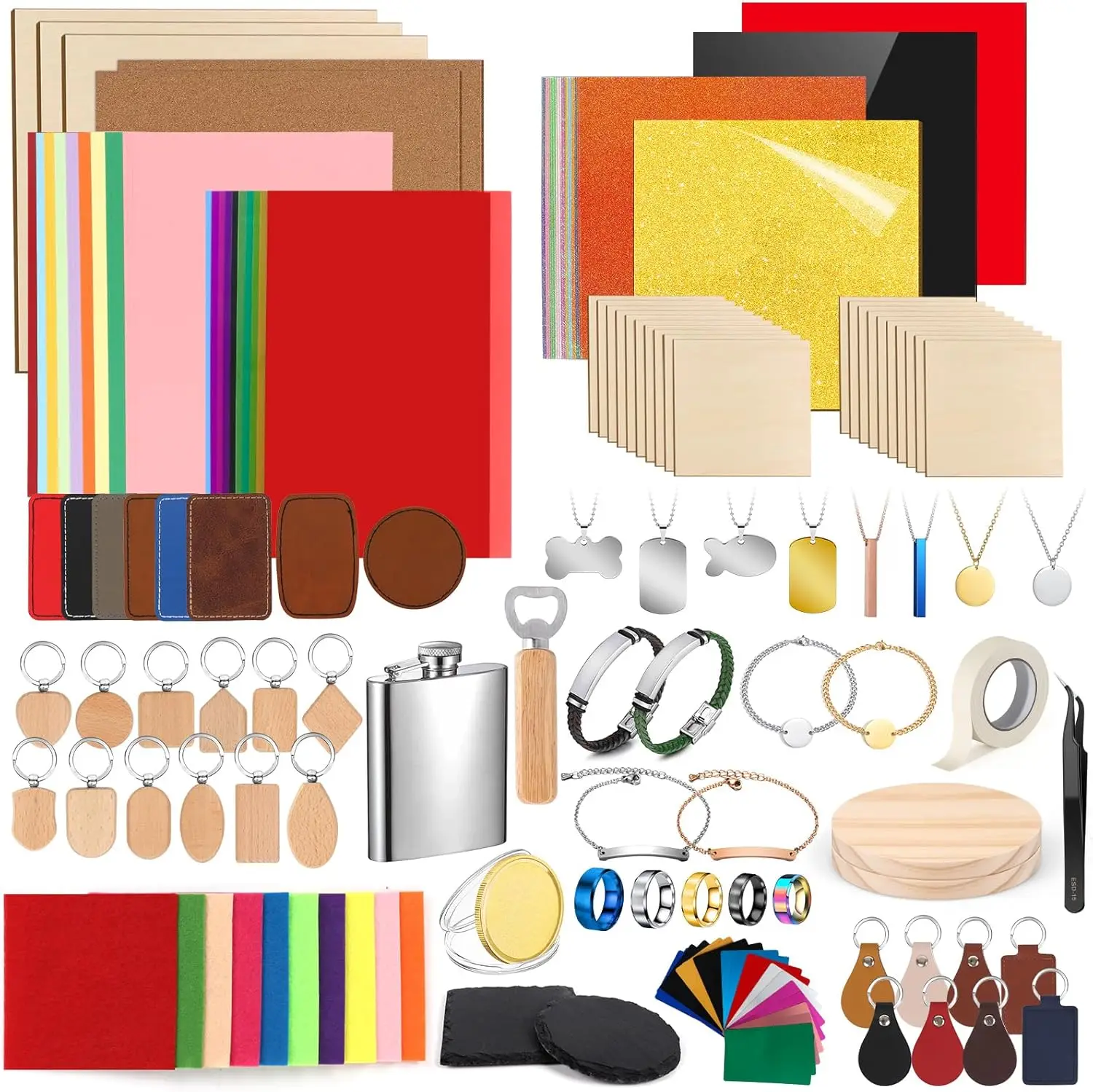 218PCS Laser Engraving Supplies Kit, 29 Kinds Materials for Crafting, Basswood Acrylic Leather Metal Jewelry Blanks for Engraver
218PCS Laser Engraving Supplies Kit, 29 Kinds Materials for Crafting, Basswood Acrylic Leather Metal Jewelry Blanks for Engraver
