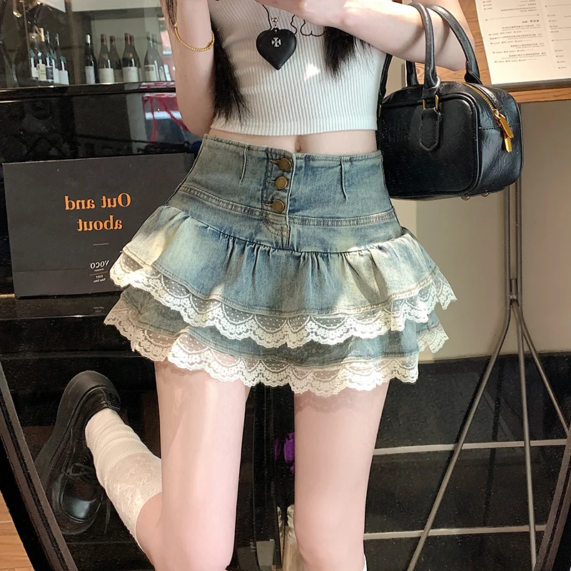 New Summer Women High Waist Mini Skirt Shorts American Pure Desire Style Hot Girl Sweet Lace Patchwork Cake Hem Denim Skirt
New Summer Women High Waist Mini Skirt Shorts American Pure Desire Style Hot Girl Sweet Lace Patchwork Cake Hem Denim Skirt