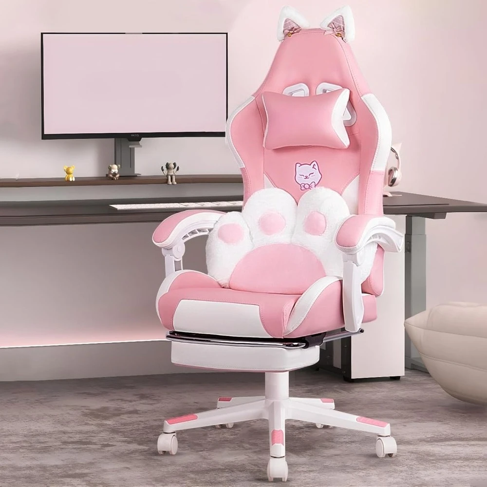 Gaming Chair Cute with Cat Ears and Cat Paw Lumbar Cushion, Ergonomic Computer Chair for Girl with Footrest and Headrest
Gaming Chair Cute with Cat Ears and Cat Paw Lumbar Cushion, Ergonomic Computer Chair for Girl with Footrest and Headrest