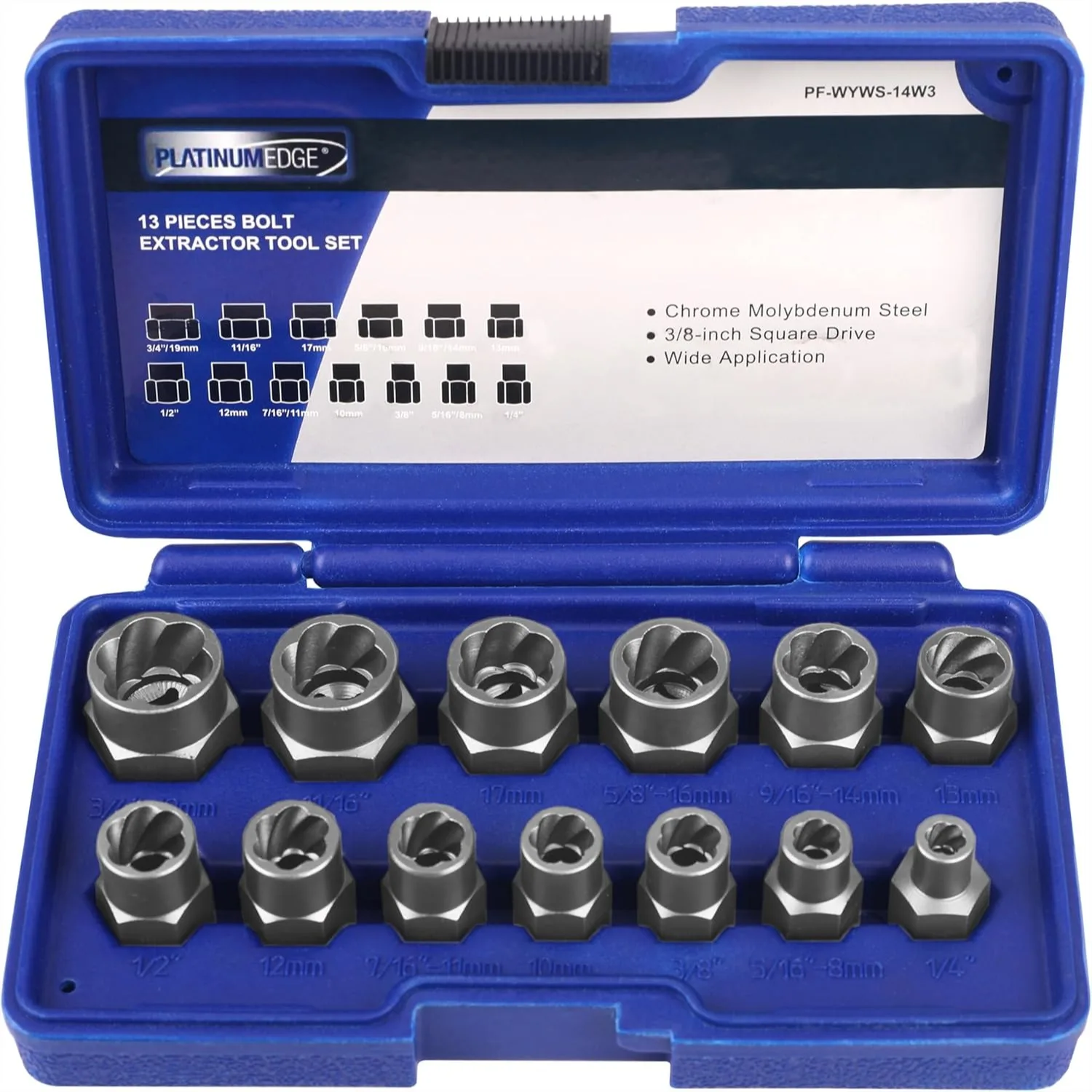 13-Piece Impact Bolt and Nut Remover Set, Cr-Mo Extraction Tools with Storage Case for Rusted or Damaged Fasteners
13-Piece Impact Bolt and Nut Remover Set, Cr-Mo Extraction Tools with Storage Case for Rusted or Damaged Fasteners