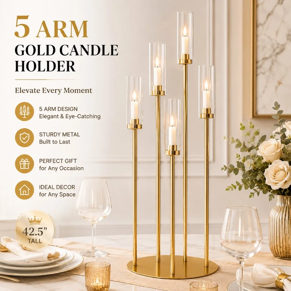 1 Set 5 Arm Gold Candle Holder, Mjkeomo 42.5'' Tall Candelabra Centerpieces for Housewarming Gift Fireplace Dinner Decor
1 Set 5 Arm Gold Candle Holder, Mjkeomo 42.5'' Tall Candelabra Centerpieces for Housewarming Gift Fireplace Dinner Decor