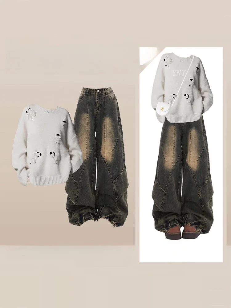 Милый вязаный свитер, винтажные свободные женские джинсы Personali, осень-зима, повседневный длинный свек, круглый комплект из двух предметов 
Милый вязаный свитер, винтажные свободные женские джинсы Personali, осень-зима, повседневный длинный свек, круглый комплект из двух предметов