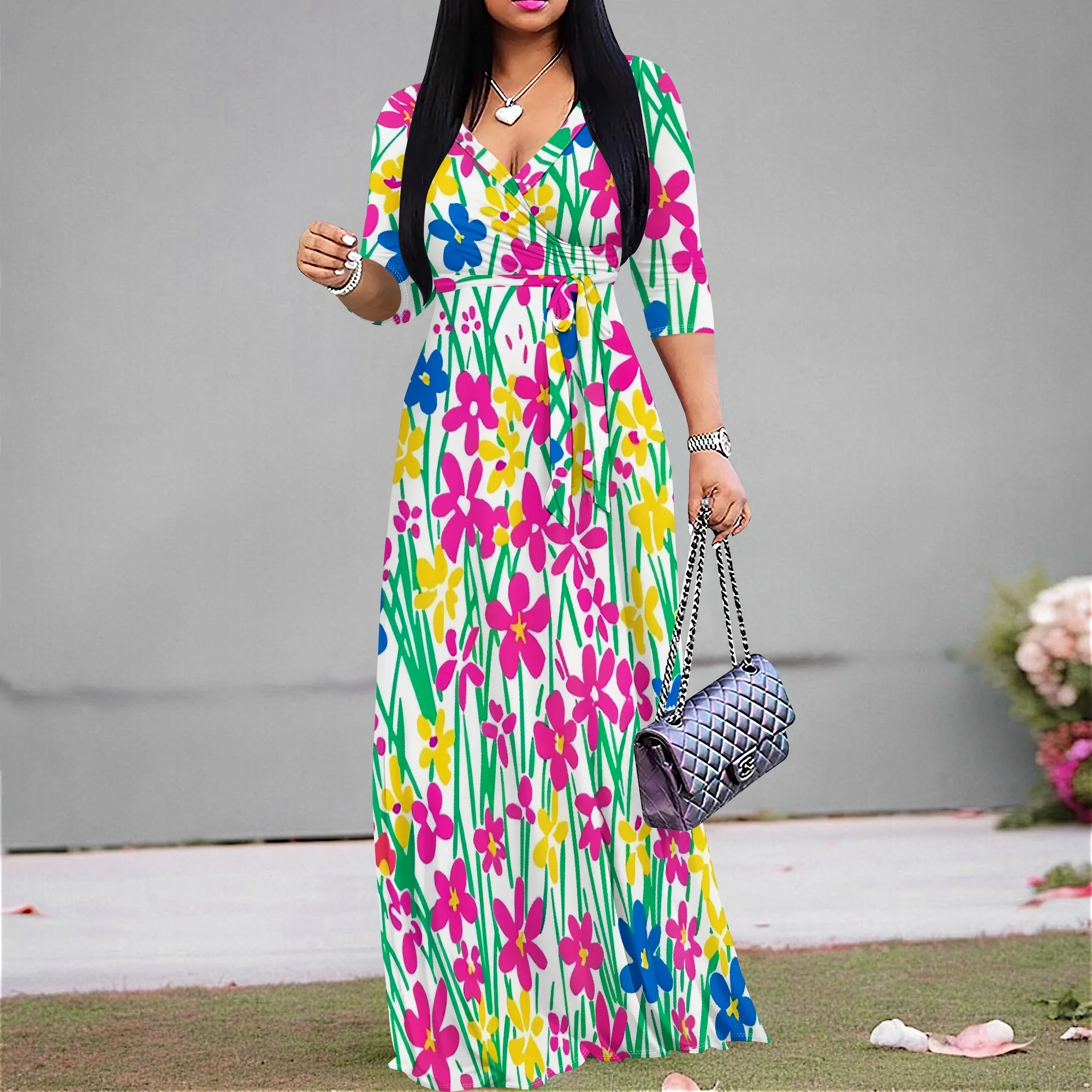 Womens Summer Loose Boho Flowy Wrap Maxi Dress V Neck 3/4 Sleeve Neon Flowers Graphics Print Beach Long Dresses
Womens Summer Loose Boho Flowy Wrap Maxi Dress V Neck 3/4 Sleeve Neon Flowers Graphics Print Beach Long Dresses