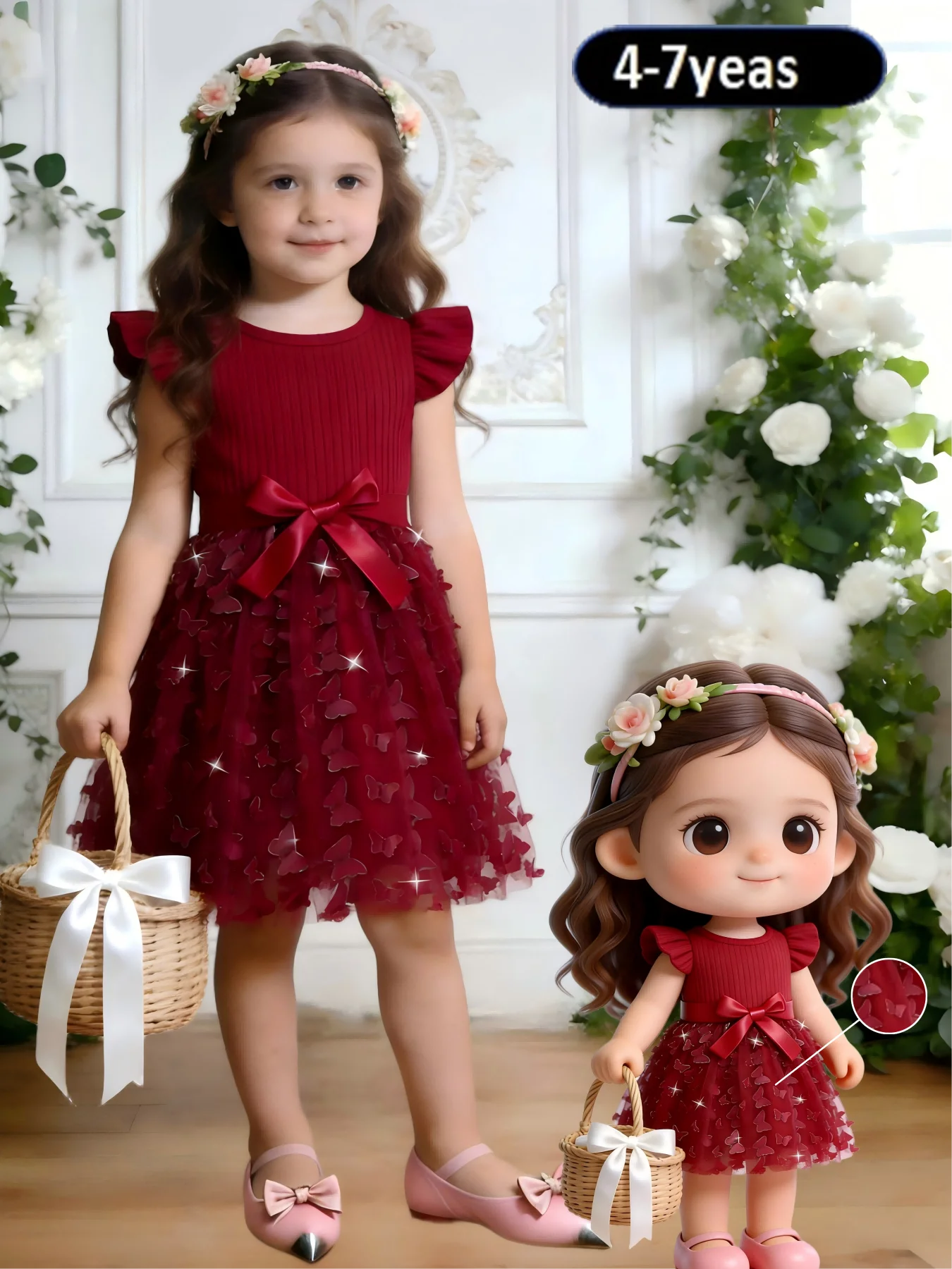 Girls Burgundy Knit Tulle Dress: Princess-style, 3D Butterfly Decor, Flutter Sleeves, Bow Belt, Slim Waist A-line for 4-7Y Kids
Girls Burgundy Knit Tulle Dress: Princess-style, 3D Butterfly Decor, Flutter Sleeves, Bow Belt, Slim Waist A-line for 4-7Y Kids