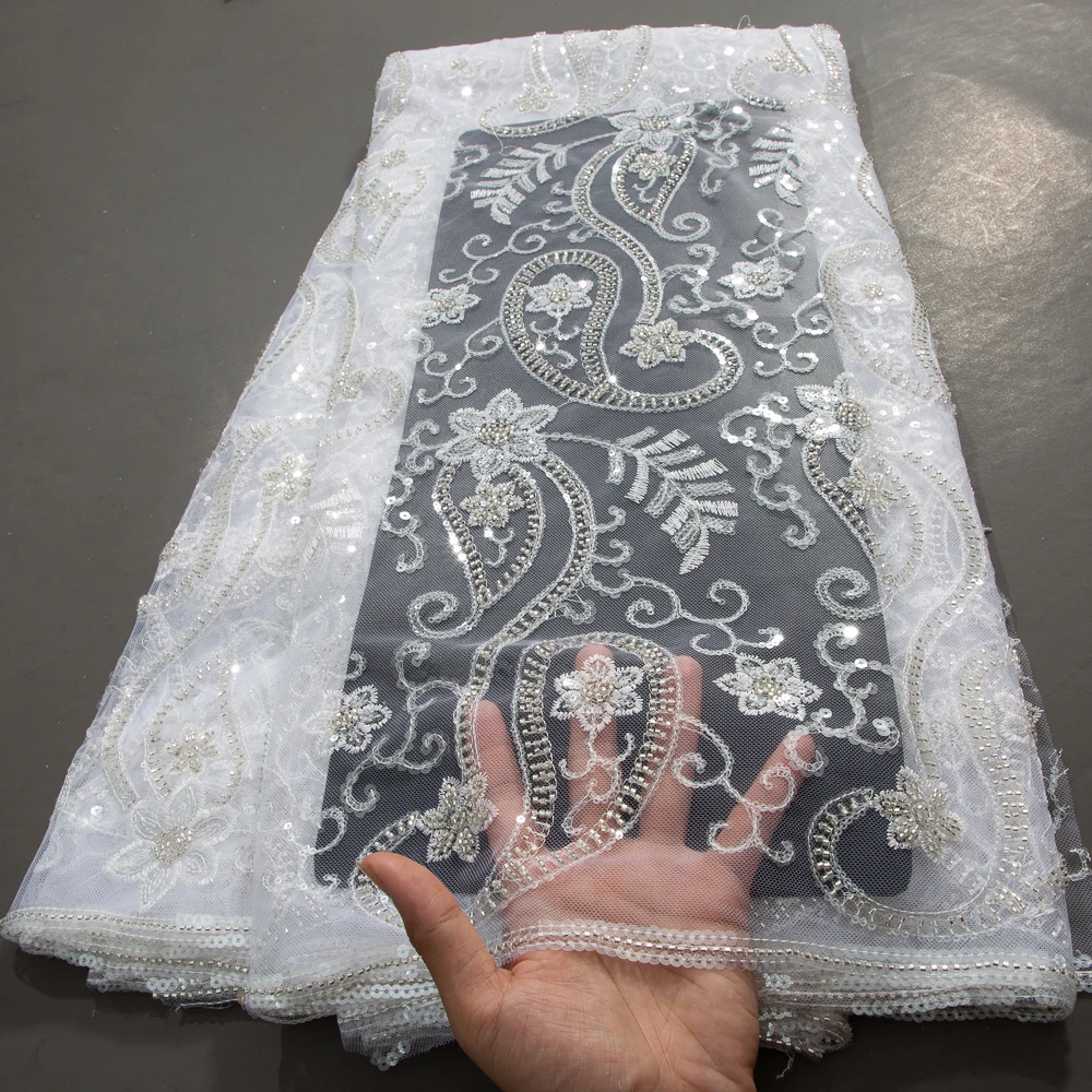 White French Luxury Beaded Lace Fabric Sequined Nigerian Mesh Tulle bride Material for Wedding Dress African Lace Fabric A3798
White French Luxury Beaded Lace Fabric Sequined Nigerian Mesh Tulle bride Material for Wedding Dress African Lace Fabric A3798