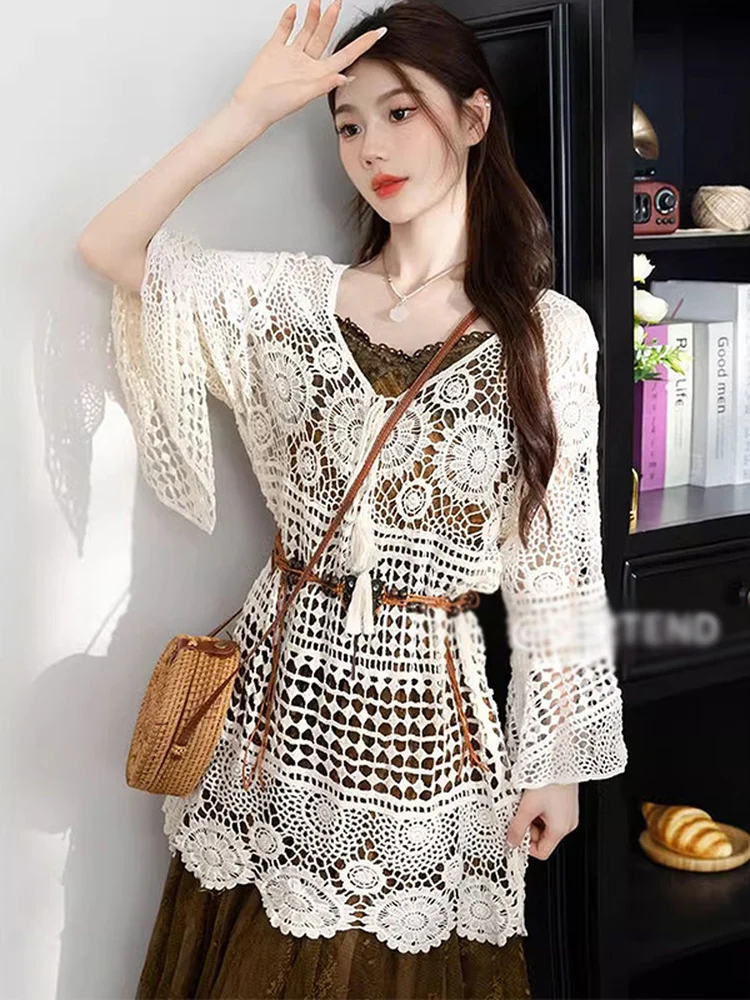 Bohemian Ice Silk Women's T-shirt Hollow out Lace Top Summer Vacation Sun Protection Loose Fit Korean Style Long Sleeve
Bohemian Ice Silk Women's T-shirt Hollow out Lace Top Summer Vacation Sun Protection Loose Fit Korean Style Long Sleeve