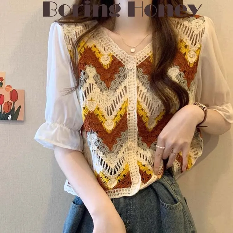 Boring Honey Summer Fashion Hollow-Out T-Shirt for Women V-Neck Single-Button All-Match Top Bright Color Beach Vacation Blouse
Boring Honey Summer Fashion Hollow-Out T-Shirt for Women V-Neck Single-Button All-Match Top Bright Color Beach Vacation Blouse