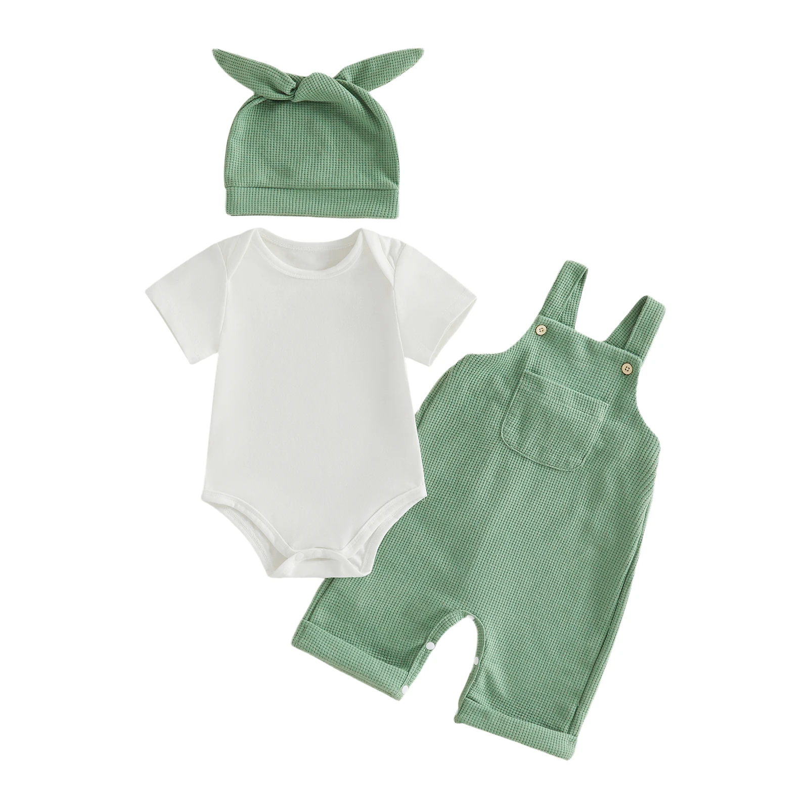 Baby Summer 3 Piece Outfits Cute Solid Color Short Sleeve Round Neck Romper and Suspender Pants Hat Set
Baby Summer 3 Piece Outfits Cute Solid Color Short Sleeve Round Neck Romper and Suspender Pants Hat Set
