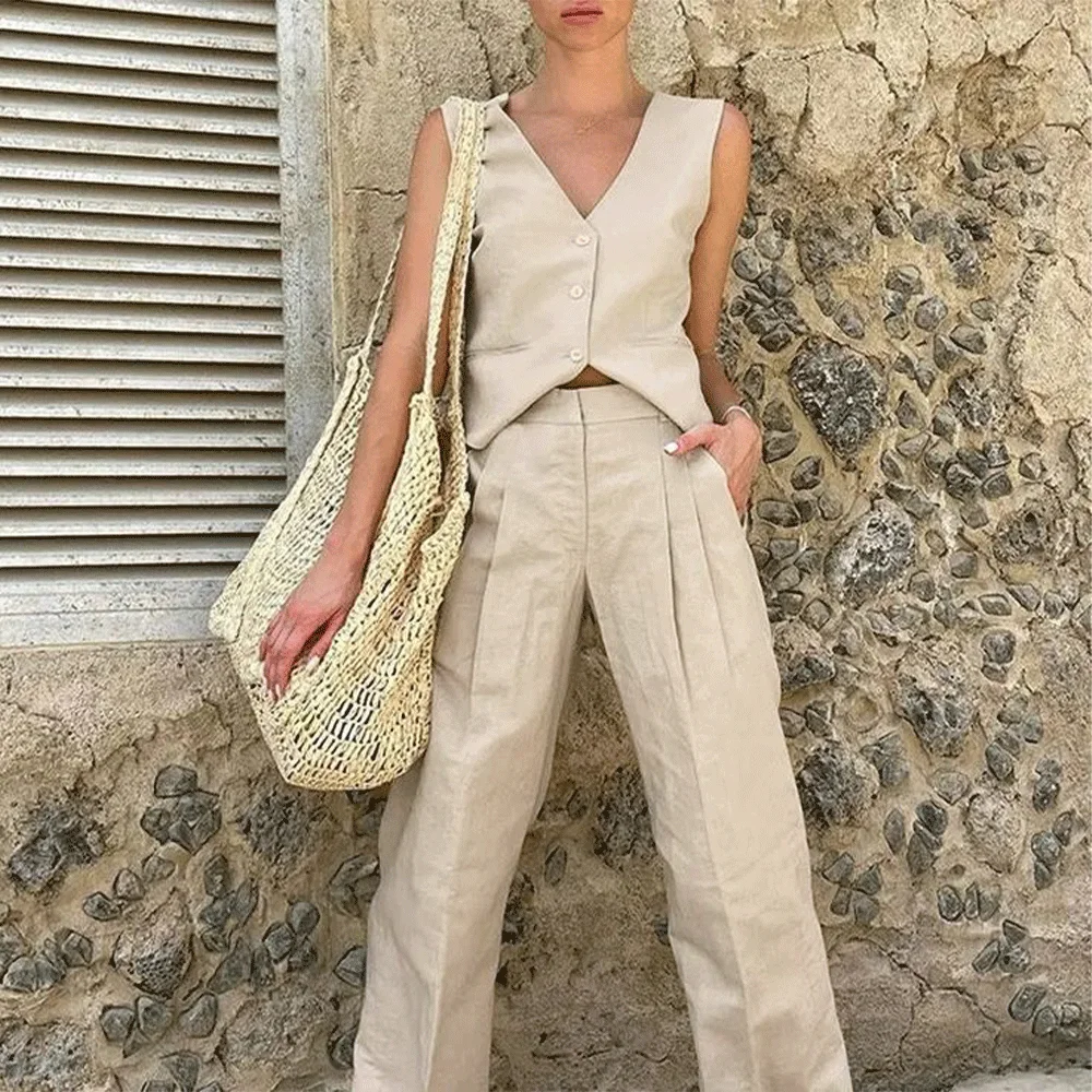 Pantsuits Women's Suit 2 Pieces Female Set Summer Spring Casual Linen Elegant Vest Pants for Ladies Fashion Chic Clothing
Pantsuits Women's Suit 2 Pieces Female Set Summer Spring Casual Linen Elegant Vest Pants for Ladies Fashion Chic Clothing