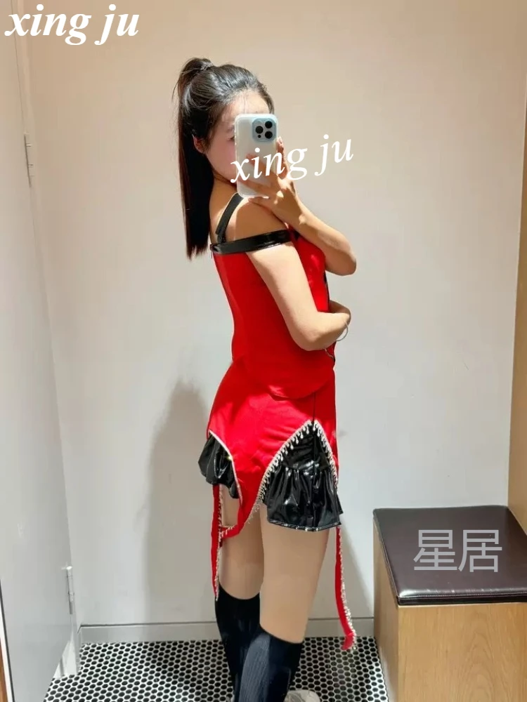 Xing Ju Kpop Women Singer Red Patchwork Halter Tops Irregular Tight Skirt Jazz Dance Costume Female Party Stage Performance Wear
Xing Ju Kpop Women Singer Red Patchwork Halter Tops Irregular Tight Skirt Jazz Dance Costume Female Party Stage Performance Wear