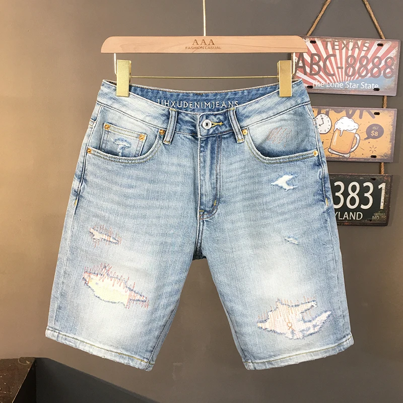 Men's 99% Cotton Stretch Denim Shorts 2025 Summer Lightweight Light Blue Destroyed Patchwork Slim Straight Fit Mid-Length Shorts
Men's 99% Cotton Stretch Denim Shorts 2025 Summer Lightweight Light Blue Destroyed Patchwork Slim Straight Fit Mid-Length Shorts