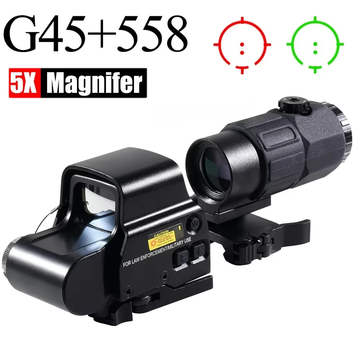 558 Holographic Red Dot Green Dot Sight Scope G45 5X Magnifier Reflex Optics Riflescope with Quick Disconnect & 20mm Rail
558 Holographic Red Dot Green Dot Sight Scope G45 5X Magnifier Reflex Optics Riflescope with Quick Disconnect & 20mm Rail