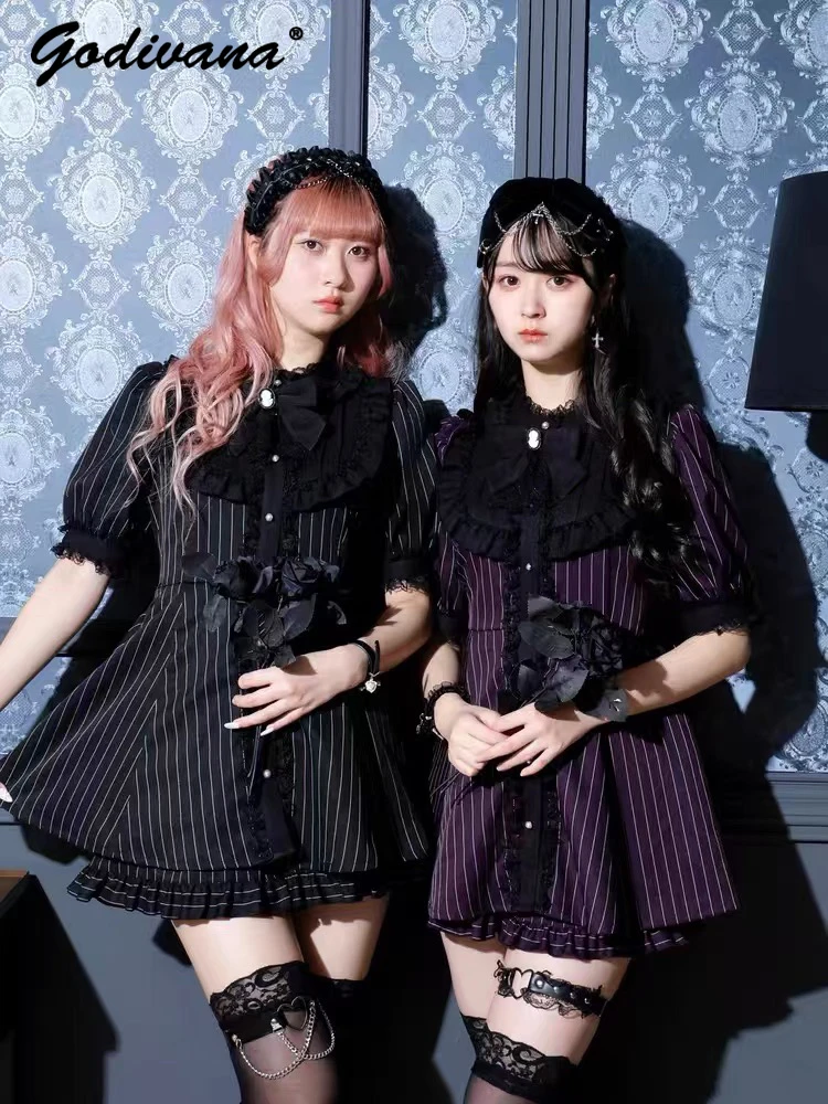 Japanese Mine Gothic Striped Bow Tie Short Sleeve Slim Shirt Dress Top and Shorts 2 Piece Set Women's Spring and Summer Outfits
Japanese Mine Gothic Striped Bow Tie Short Sleeve Slim Shirt Dress Top and Shorts 2 Piece Set Women's Spring and Summer Outfits