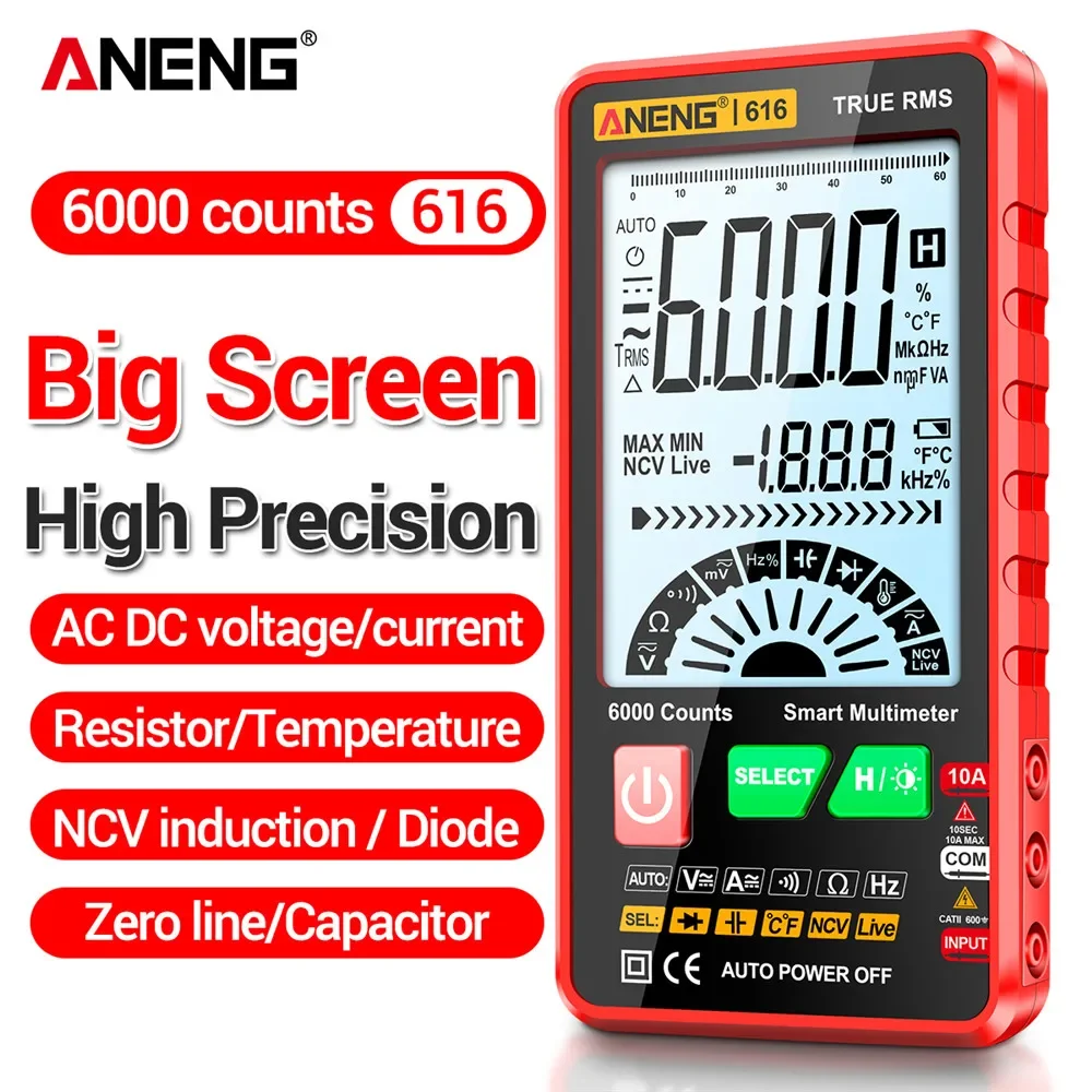 Large Screen Multimeter High Precision Professional NCV Non-contact Voltage Current Temperature Multi-functional TesterANENG 616
Large Screen Multimeter High Precision Professional NCV Non-contact Voltage Current Temperature Multi-functional TesterANENG 616