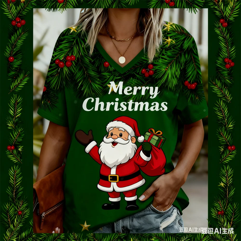 Christmas Women's T-shirt Santa Claus printing V-neck graphic t shirts quick-dry New Year's T-shirt tops for woman y2k Clothing
Christmas Women's T-shirt Santa Claus printing V-neck graphic t shirts quick-dry New Year's T-shirt tops for woman y2k Clothing
