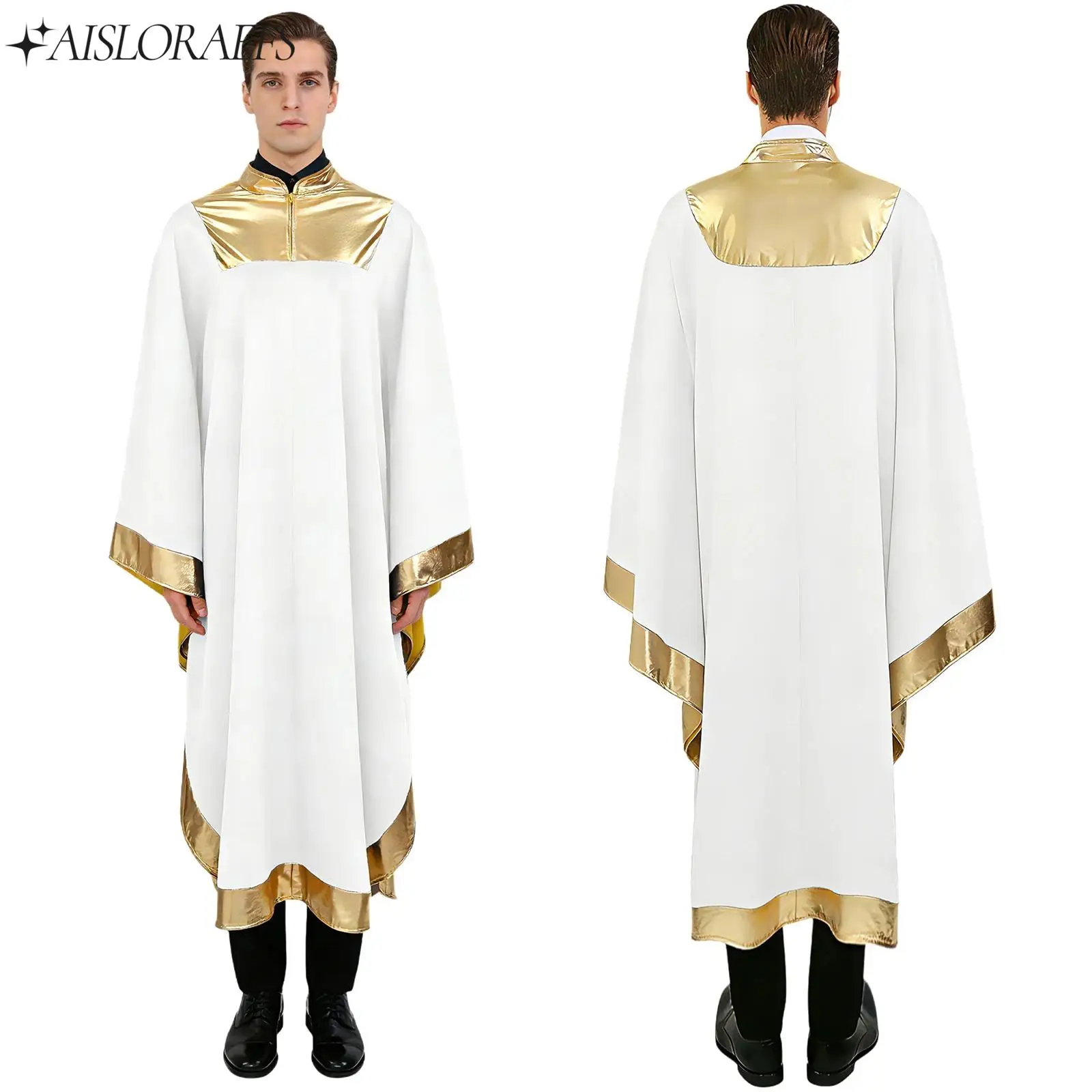 Мужская церковная мантия для выступлений, костюм для Хэллоуина, крещения, косплея судьи, пастора, блестящая металлическая сутана, выпускное платье
Мужская церковная мантия для выступлений, костюм для Хэллоуина, крещения, косплея судьи, пастора, блестящая металлическая сутана, выпускное платье