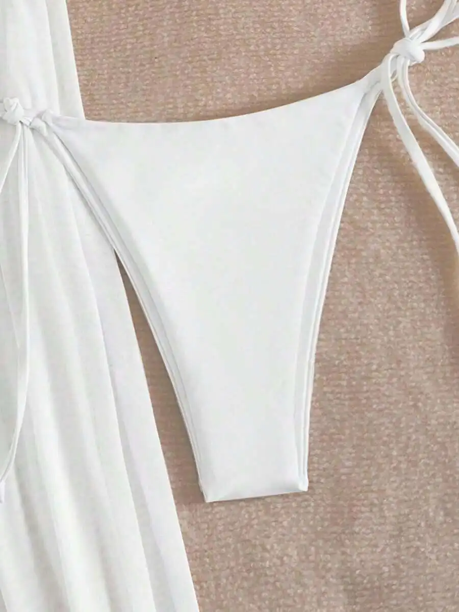 3-Piece Women Swimsuit Set: Chiffon Wide Leg Cover Up, Halter Deep V Top, Triangle Bottom
3-Piece Women Swimsuit Set: Chiffon Wide Leg Cover Up, Halter Deep V Top, Triangle Bottom