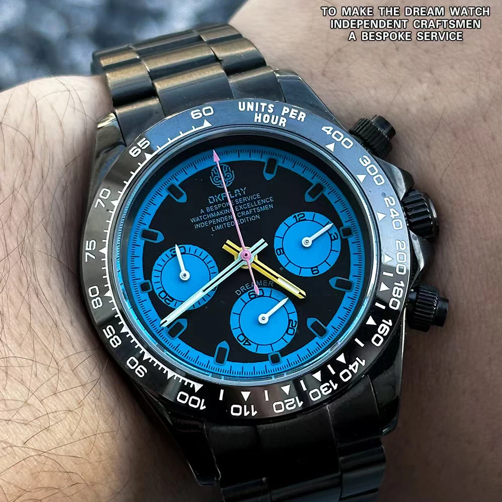 OKPLAY Мужские часы с хронографом 39,5 мм Модифицированные индивидуальные кварцевые наручные часы с сапфировым стеклом 100 м Водонепроницаемые
OKPLAY Мужские часы с хронографом 39,5 мм Модифицированные индивидуальные кварцевые наручные часы с сапфировым стеклом 100 м Водонепроницаемые