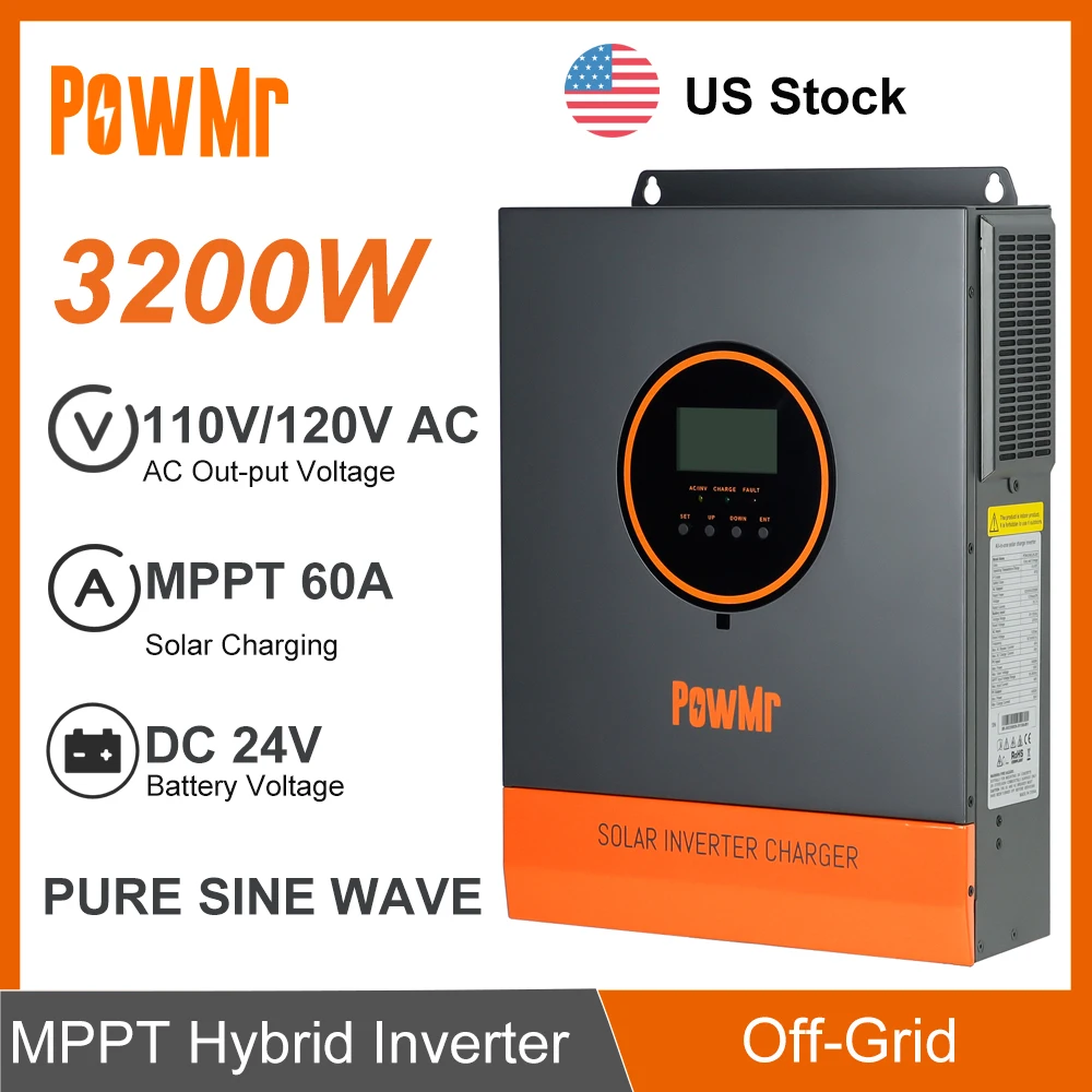 3.2KW Hybrid Solar Inversor 24VDC to 110/120V AC Pure Sine Wave With 60A MPPT Solar Charger Controller Max PV 108Vdc US Stock
3.2KW Hybrid Solar Inversor 24VDC to 110/120V AC Pure Sine Wave With 60A MPPT Solar Charger Controller Max PV 108Vdc US Stock