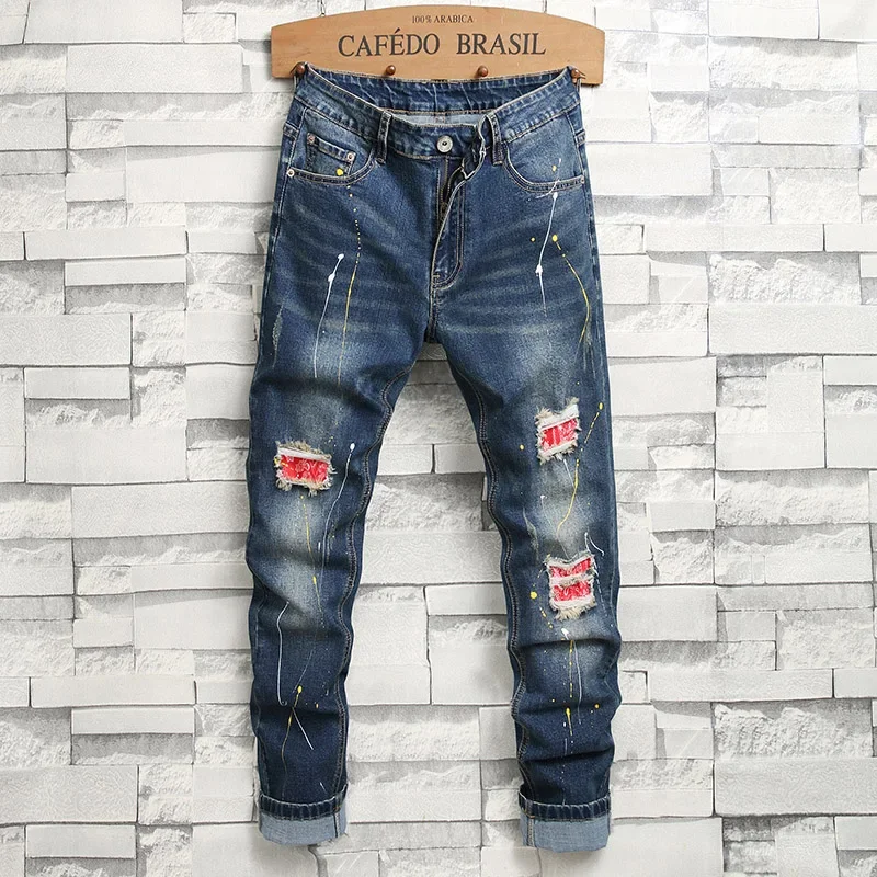 New Skinny Ripped Jeans Men's Washed Blue Stretch Slim Denim Pants Patch Fashion Paint Dot Hip Hop Male Trousers
New Skinny Ripped Jeans Men's Washed Blue Stretch Slim Denim Pants Patch Fashion Paint Dot Hip Hop Male Trousers