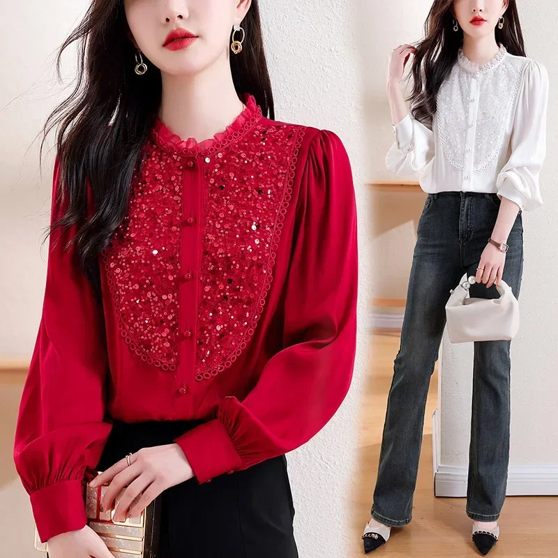 Women Elegant Loose Ruffles Red Sequined Shirts Spring Temperament Chic Button Long Sleeve Blouses Female Top
Women Elegant Loose Ruffles Red Sequined Shirts Spring Temperament Chic Button Long Sleeve Blouses Female Top