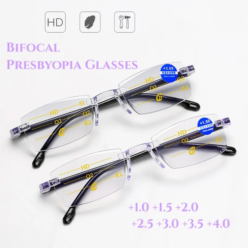 Men Women Reading Glasses Bifocal Progressive Anti Blue Light UV Protecivet Eyesglasses Near And Far Diamond Cut Rimless Eyewear
Men Women Reading Glasses Bifocal Progressive Anti Blue Light UV Protecivet Eyesglasses Near And Far Diamond Cut Rimless Eyewear