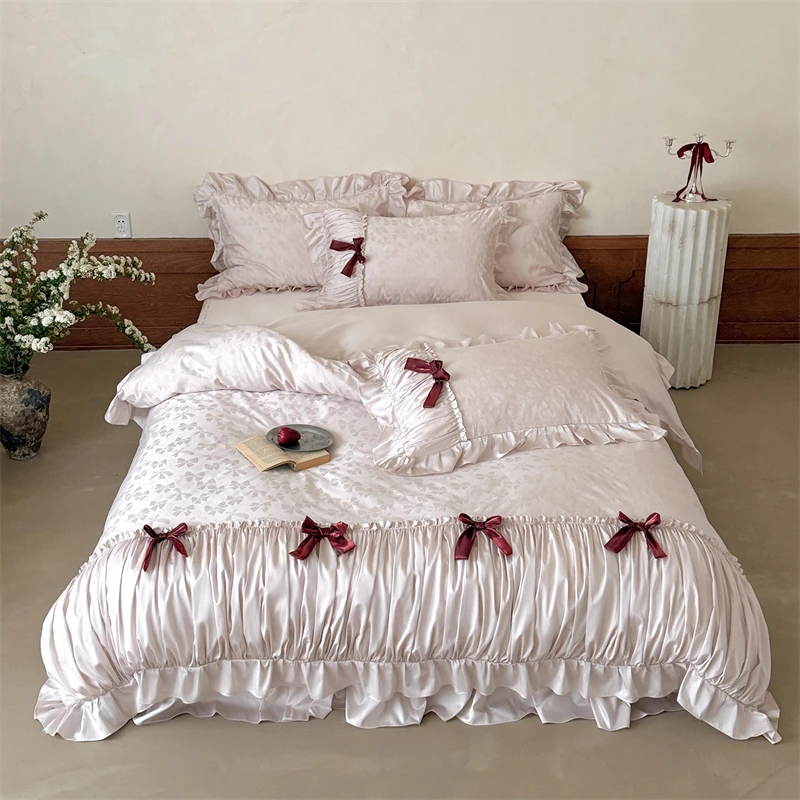 Bow Jacquard Lyocell Cotton Bedding Set French Pleated Ruffle Edge Duvet Cover Bed Skirt Pillowcase Wedding Girl Bedroom Linen
Bow Jacquard Lyocell Cotton Bedding Set French Pleated Ruffle Edge Duvet Cover Bed Skirt Pillowcase Wedding Girl Bedroom Linen