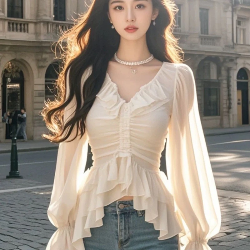 Korean Spring Fall Women Ruffles V Neck Irregular Flare Full Sleeve Chiffon Top T Shirt , Woman Autumn Designer Tops Shirts
Korean Spring Fall Women Ruffles V Neck Irregular Flare Full Sleeve Chiffon Top T Shirt , Woman Autumn Designer Tops Shirts