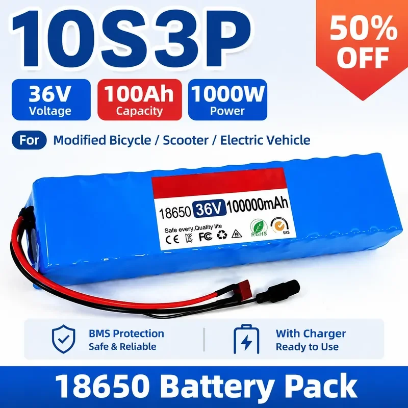36V 100Ah 18650 Rechargeable Lithium Battery Pack 10S3P 1000W Power for Modified Bicycle Scooter Electric Vehicle BMS+Charger
36V 100Ah 18650 Rechargeable Lithium Battery Pack 10S3P 1000W Power for Modified Bicycle Scooter Electric Vehicle BMS+Charger