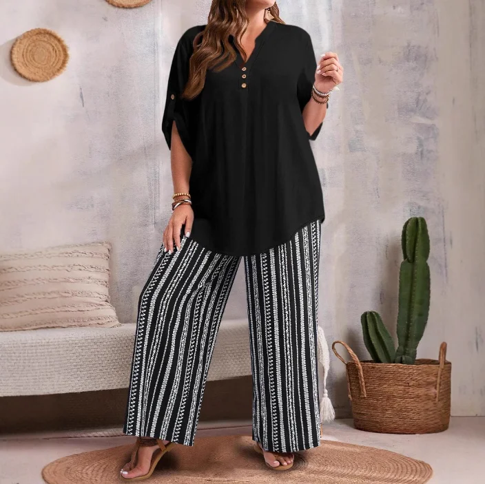 Two Piece Set Women Outfit 2025 Summer Loose Round Neck Short Sleeved Top & High Waist Casual Striped Wide-Leg Pants Set
Two Piece Set Women Outfit 2025 Summer Loose Round Neck Short Sleeved Top & High Waist Casual Striped Wide-Leg Pants Set
