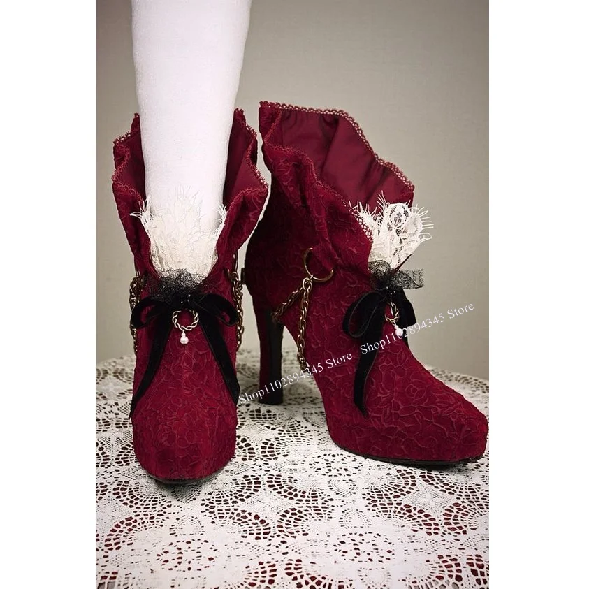 Wine Red Lace Chain Bow Knot Boots Thin High Heel Round Toe Cool Fashion Summer Casual Big Size Woman Shoes Zapatillas Mujer
Wine Red Lace Chain Bow Knot Boots Thin High Heel Round Toe Cool Fashion Summer Casual Big Size Woman Shoes Zapatillas Mujer