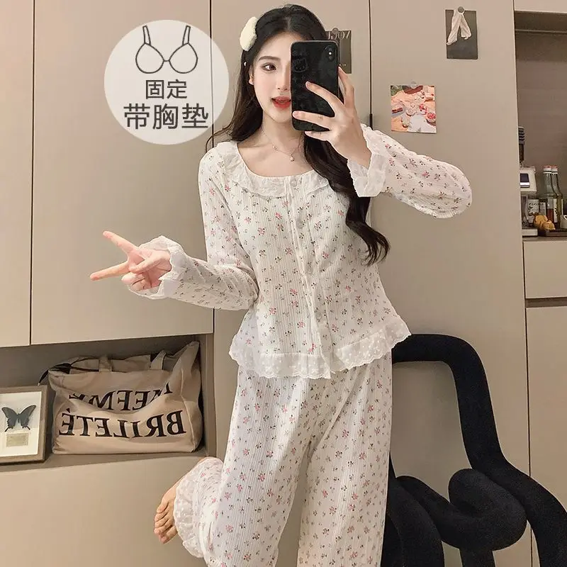 Spring Autumn girl Season Princess Homewear Set ladies padded lace trim pajamas women sweet long-sleeve top long pants two-piece
Spring Autumn girl Season Princess Homewear Set ladies padded lace trim pajamas women sweet long-sleeve top long pants two-piece