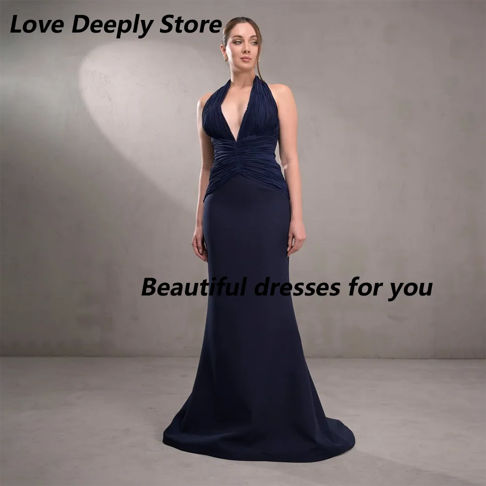 Navy Evening Dress for Women Halter V-Neck Sleeveless Mermaid Evening Gowns Sexy Backless Court Train Prom Dress Customized
Navy Evening Dress for Women Halter V-Neck Sleeveless Mermaid Evening Gowns Sexy Backless Court Train Prom Dress Customized