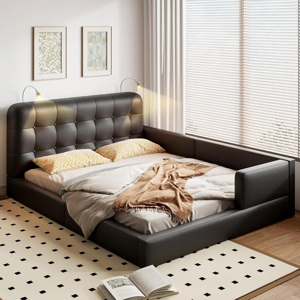 Black Queen Size Upholstered Platform Bed with 2 Reading Lights and Wooden Guardrails
Black Queen Size Upholstered Platform Bed with 2 Reading Lights and Wooden Guardrails