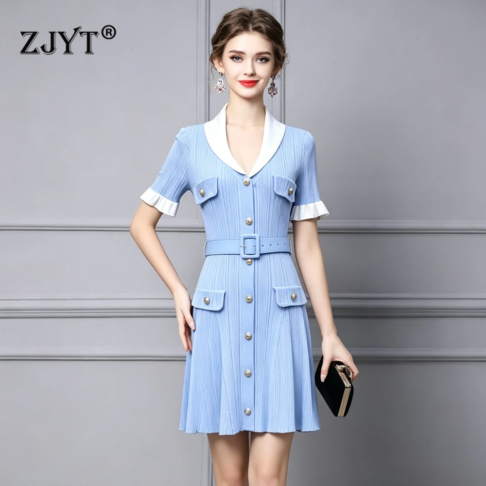 ZJYT Elegant Summer Mini Knit Dress Women 2026 New Single Breasted Short Sleeve Casual Blue Dresses with Belt Party Vestidos New
ZJYT Elegant Summer Mini Knit Dress Women 2026 New Single Breasted Short Sleeve Casual Blue Dresses with Belt Party Vestidos New