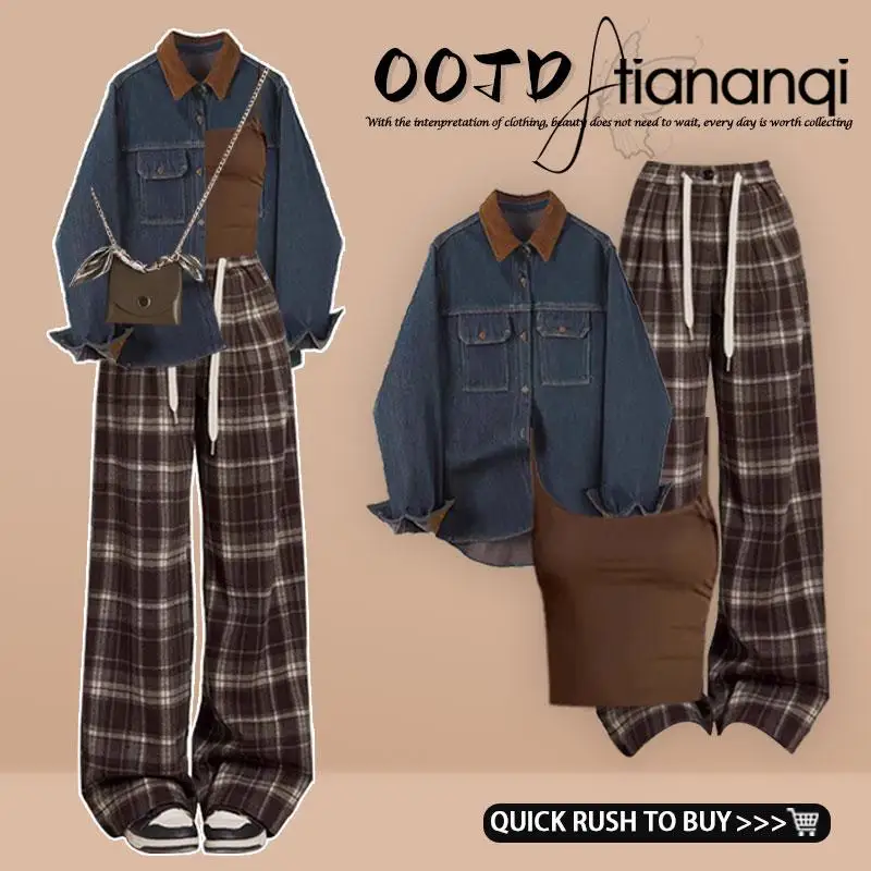 Women's Denim irt And Pants Set Collar Belted Casual Slim Straight Leg Trousers Autumn Winter New Sle Vintage Faion
Women's Denim irt And Pants Set Collar Belted Casual Slim Straight Leg Trousers Autumn Winter New Sle Vintage Faion