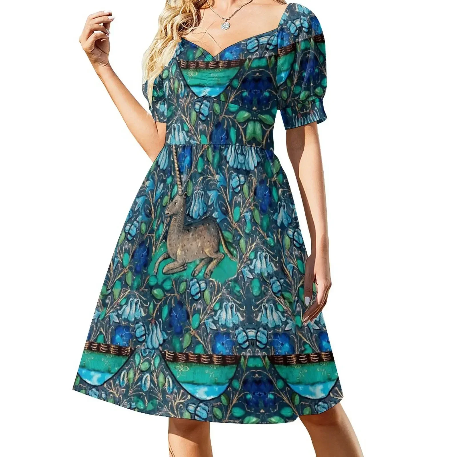 UNICORN AMONG BLUE FLOWERS Aqua Blue Green White Medieval Floral Motifs Short-Sleeved Dress
UNICORN AMONG BLUE FLOWERS Aqua Blue Green White Medieval Floral Motifs Short-Sleeved Dress