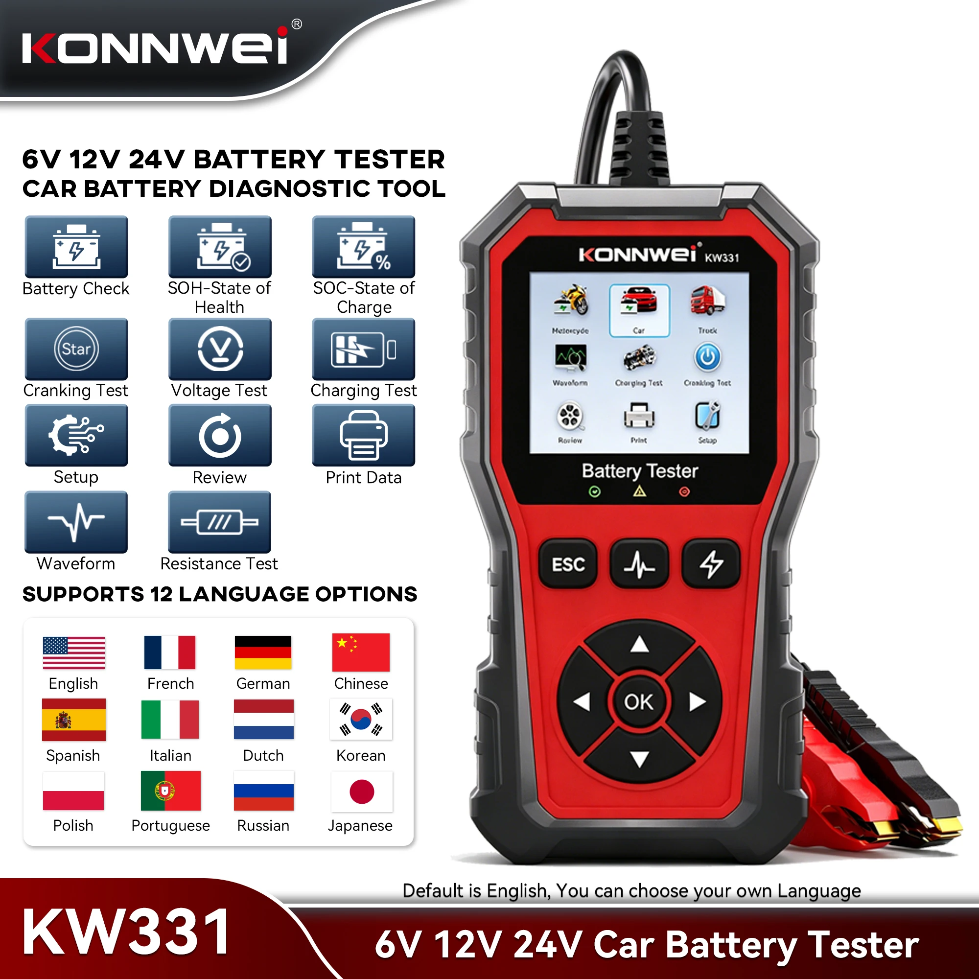 2026 KONNWEI KW331 Car Battery Tester 6V 12V 24V Cranking Charging Voltage Waveform Analysis Support AMG GEL EFB LITHIUM Battery
2026 KONNWEI KW331 Car Battery Tester 6V 12V 24V Cranking Charging Voltage Waveform Analysis Support AMG GEL EFB LITHIUM Battery