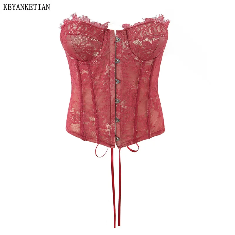 KEYANKETIAN 2026 New Coquette Vintage Lace Bustier Strapless Sheer Mesh Slim Fit with Steel Boning and Back Lace-Up Corset Top
KEYANKETIAN 2026 New Coquette Vintage Lace Bustier Strapless Sheer Mesh Slim Fit with Steel Boning and Back Lace-Up Corset Top
