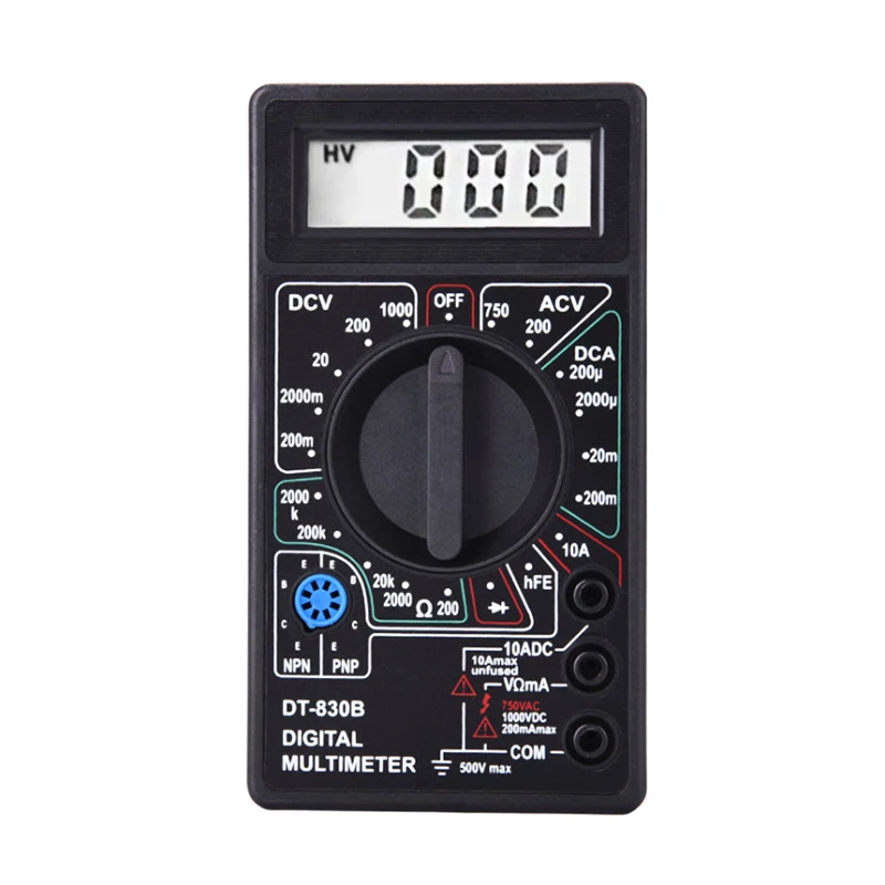 DT830B LCD Digital Multimeter AC/DC Voltmeter Ammeter Ohm Tester 750/1000V High Safety Handheld Multimeter
DT830B LCD Digital Multimeter AC/DC Voltmeter Ammeter Ohm Tester 750/1000V High Safety Handheld Multimeter