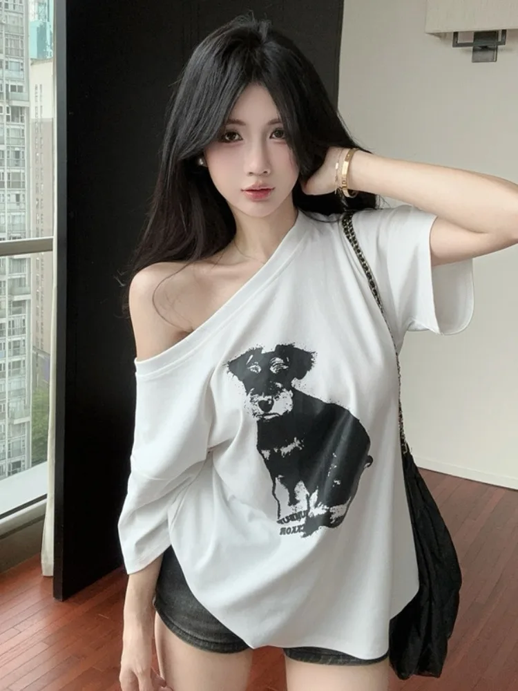 Sexy Loose Shoulder T-Shirt Women's Summer New Style Slimming Short Sleeve Dog Print Casual Loose Fit City Walk Fashion
Sexy Loose Shoulder T-Shirt Women's Summer New Style Slimming Short Sleeve Dog Print Casual Loose Fit City Walk Fashion