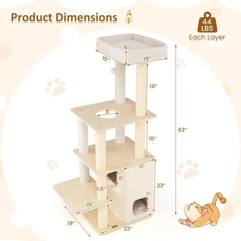 63 Inch Tall Wooden Cat Tree with 2-Story Condo and Plush Padded Top Perch-Natural
63 Inch Tall Wooden Cat Tree with 2-Story Condo and Plush Padded Top Perch-Natural