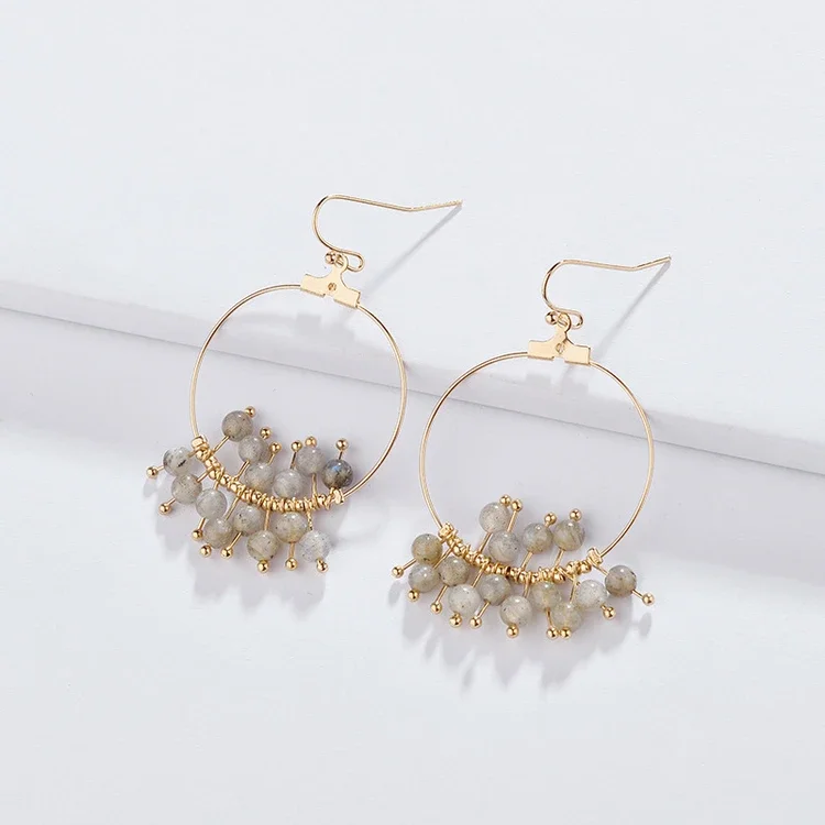 BOROSA Bohemia Circle Natural Stone Beads Dangle Earring for Girls Fashion Golden Metal Hoop Earrings with Howlite Crystal Bead
BOROSA Bohemia Circle Natural Stone Beads Dangle Earring for Girls Fashion Golden Metal Hoop Earrings with Howlite Crystal Bead