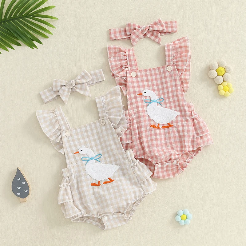 Lioraitiin Baby Girl Duck Embroidery Romper Flying Sleeve Tiered Plaid Overalls with Headband
Lioraitiin Baby Girl Duck Embroidery Romper Flying Sleeve Tiered Plaid Overalls with Headband
